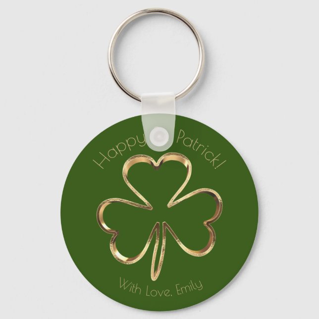 Faux Guld Shamrock Klöver Anpassningsbar Text St.  Nyckelring (Framsida)