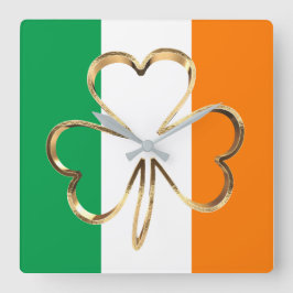 Faux Guld Shamrock Klöver Irish Flagga Fyrkantig Klocka