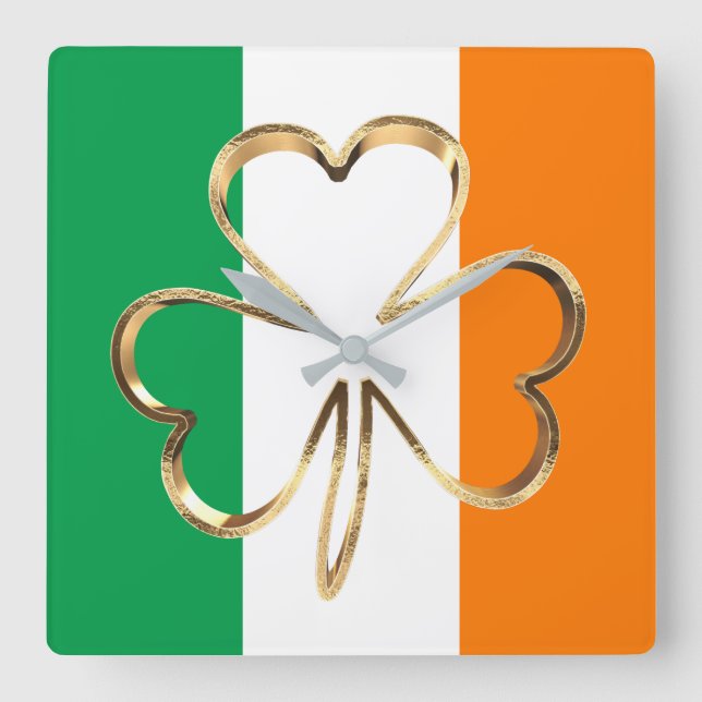 Faux Guld Shamrock Klöver Irish Flagga Fyrkantig Klocka (Framsida)