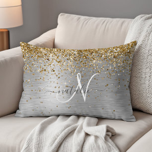 Faux Guld Silver Brushed Metall Glitter Monogram Prydnadskudde