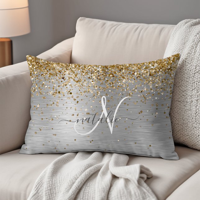 Faux Guld Silver Brushed Metall Glitter Monogram Prydnadskudde (Skapare uppladdad)