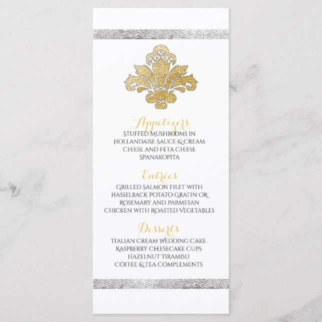Faux Guld/Silver Damask Wedinner Menu Black Meny (Framsida)