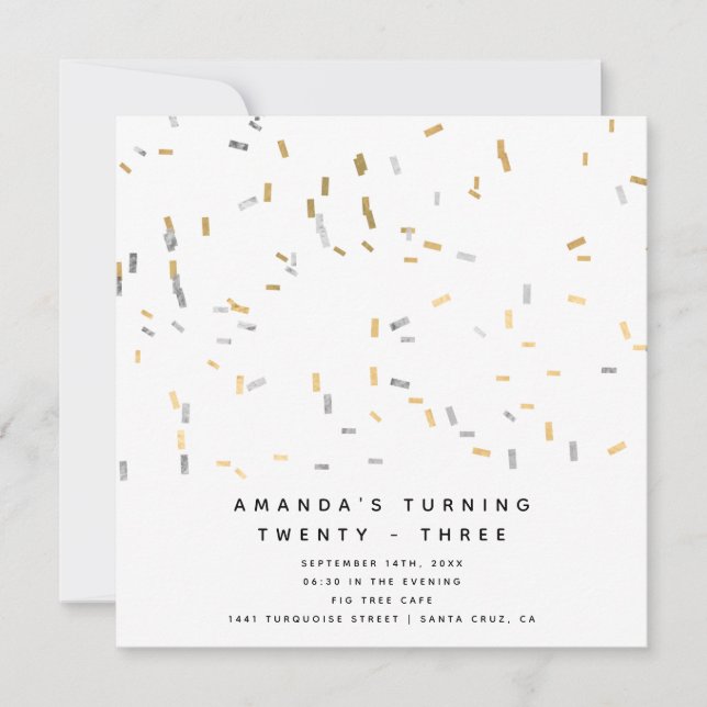 Faux Guld Silver Modern Sprinkles Vuxen Birthday Inbjudningar (Framsida)