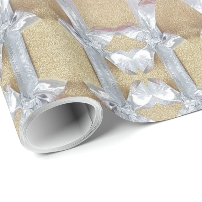 Faux Guld Silver Ribbon Mönster Festive Presentpapper (Rullad Hörn)