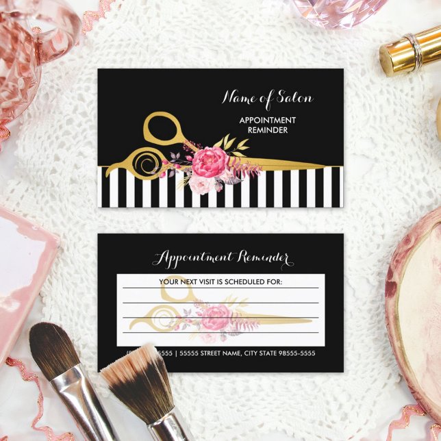 Faux Guld Sissors Rosa Blommigt Hair Möte Tidsbeställning Kort (Faux Gold Scissors Pink Floral Hair Appointment Business Cards)