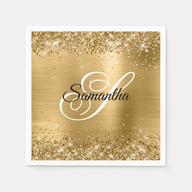 Faux Guld Sparkly Glitter och Foil Finare Monogram Pappersservett (Framsidan)