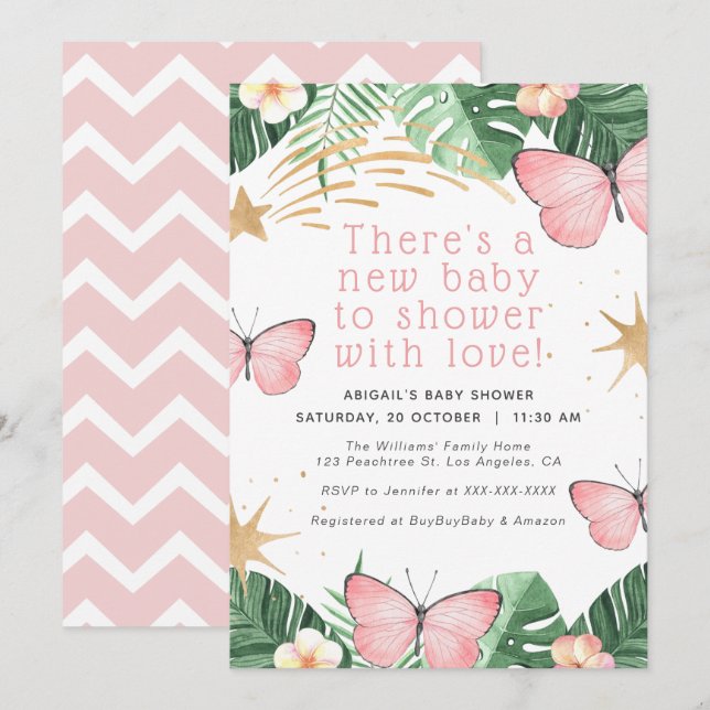 Faux Guld Star/Rosa Butterfly Girl Baby Shower Inbjudningar (Fram/baksida)