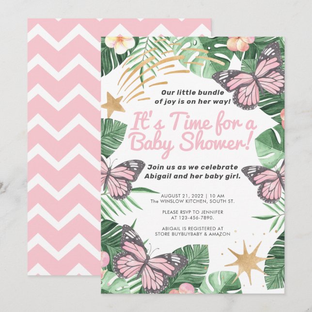 Faux Guld Star & Rosa Butterfly Girl Baby Shower Inbjudningar (Fram/baksida)
