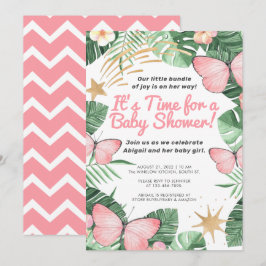 Faux Guld Star & Rosa Butterfly Girl Baby Shower Inbjudningar