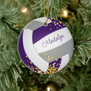 Faux guld stjärnor på lila grått volleyball julgransprydnad keramik