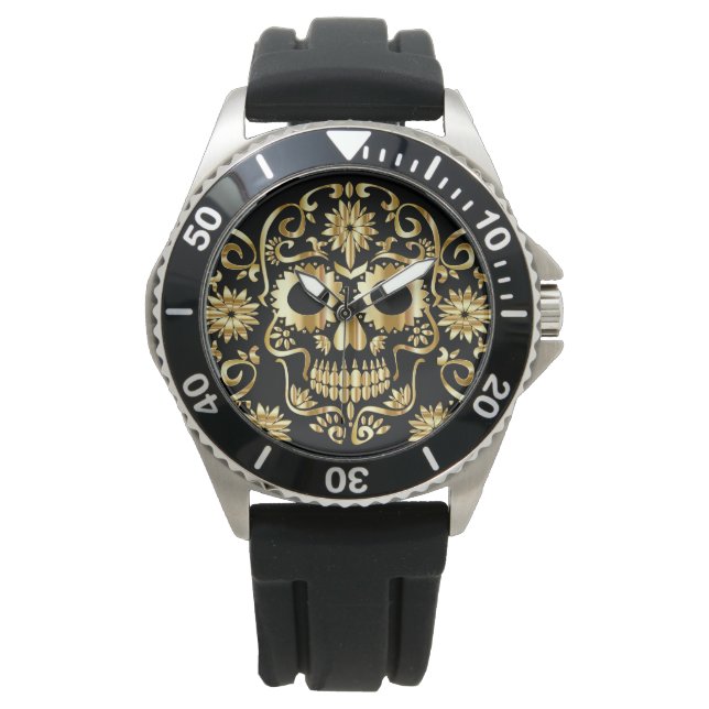 Faux Guld Sugar Skull-utskrift Armbandsur (Framsida)