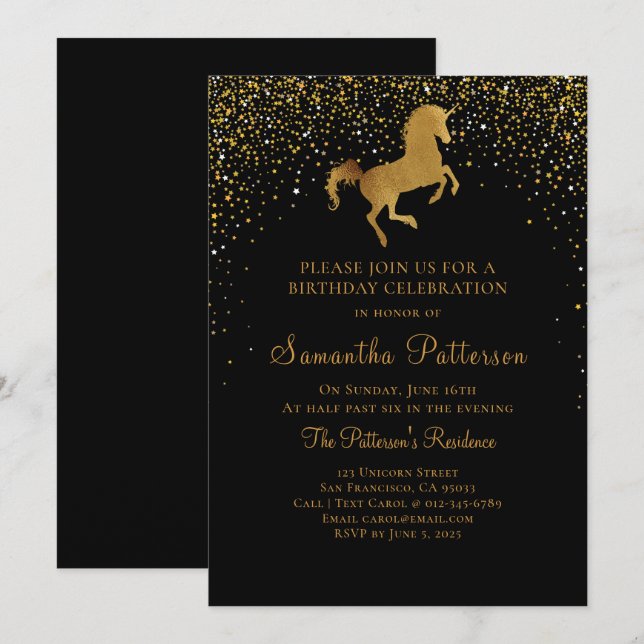 Faux Guld Unicorn and Stars Birthday Investigation Inbjudningar (Fram/baksida)