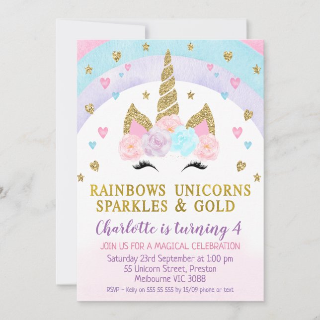 Faux Guld Unicorn Ansikte Rainbow Birthday bjudand Inbjudningar (Framsida)