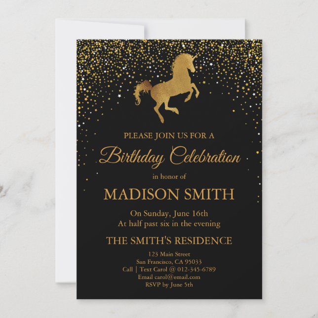 Faux Guld Unicorn Birthday bjudande Inbjudningar (Framsida)