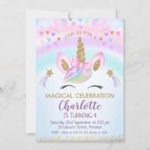 Faux Guld Unicorn Bow Rainbow Birthday Inbjudningar