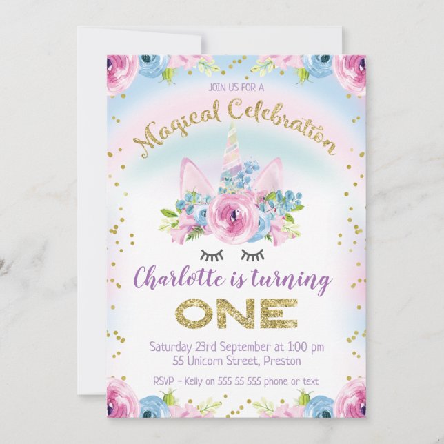 faux Guld Unicorn Rainbow 1:a födelsedagsinbjudan Inbjudningar (Framsida)