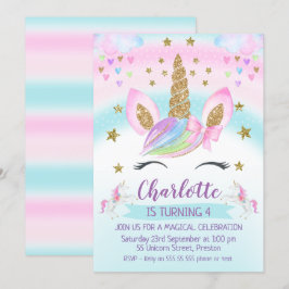 faux Guld Unicorn Rainbow 1:a födelsedagsinbjudan Inbjudningar