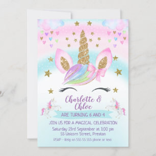 Faux Guld Unicorn Rainbow Joint Födelsedag Inbjudningar