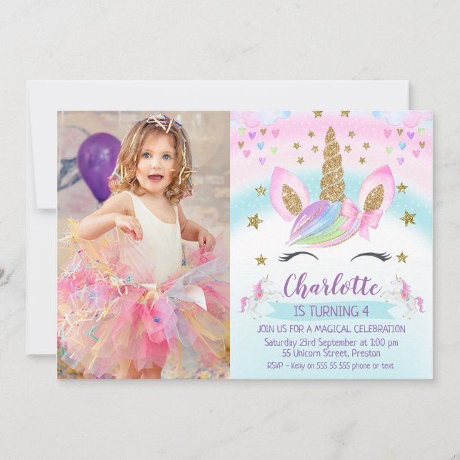 Faux Guld Unicorn Rainbow Photo Birthday Inbjudningar (Framsida)