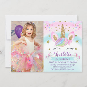 Faux Guld Unicorn Rainbow Photo Birthday Inbjudningar
