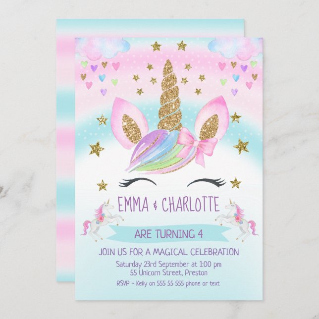 faux Guld Unicorn Rainbow Twillingars Joint Birthd Inbjudningar (Fram/baksida)