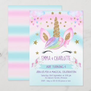faux Guld Unicorn Rainbow Twillingars Joint Birthd Inbjudningar