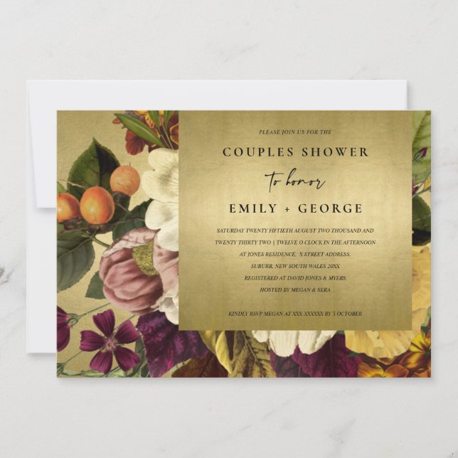 FAUX GULD VINTAGE BURGUNDY BLOMMIGT PAR SHOWER INBJUDNINGAR (Framsida)