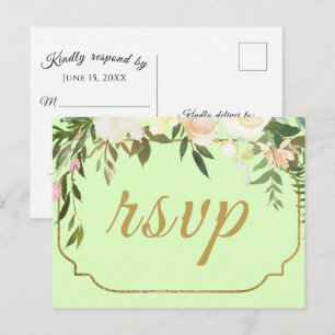 Faux Guld Watercolor Blommigt Grönt Bröllop OSA Vykort