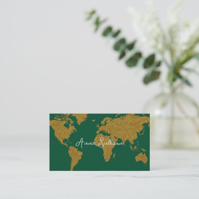 Faux Guld World Map Travel Agent Emerald Grönt Visitkort (Stående Fram)