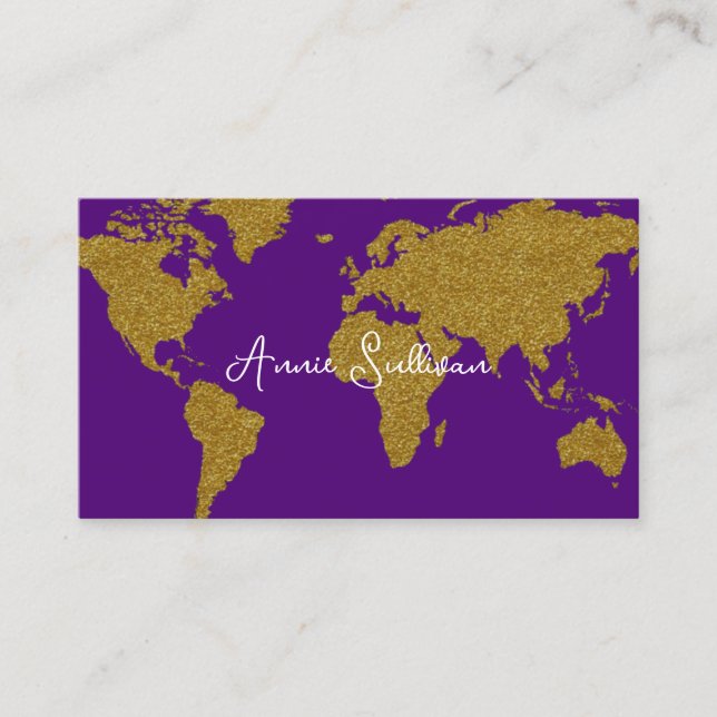 Faux Guld World Map Travel Agent Lila Visitkort (Framsida)