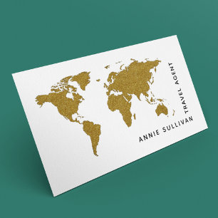 Faux Guld World Map Travel Agent (på vit option) Visitkort
