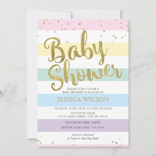 Faux guldblomma, Pastel Rainbow Rand Baby Shower Inbjudningar (Framsida)