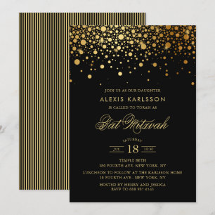 Faux guldfeta konfettsyror, svart Bat mitzvah Inbjudningar
