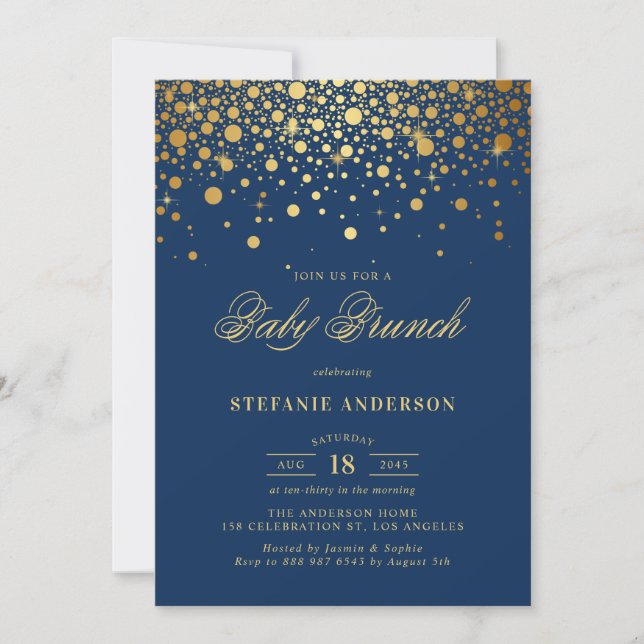 Faux guldfoil Confetti Navy Blue Baby Brunch Inbjudningar (Framsida)
