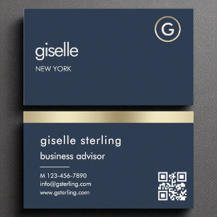 Faux guldfoil Monogram - marin blå QR-kod Visitkort