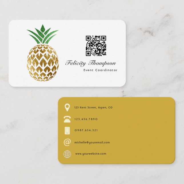 Faux guldfoil Pineapple QR-kod Visitkort (Fram/baksida)
