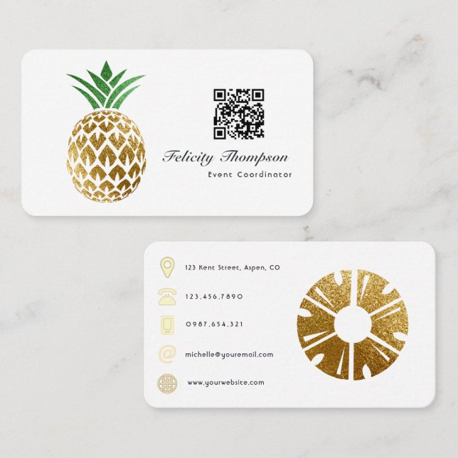 Faux guldfoil Pineapple QR-kod Visitkort (Fram/baksida)