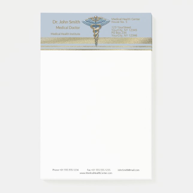 Faux guldfoil Rand Light Blue Caduceus Medical Post-it Block (Framsida)