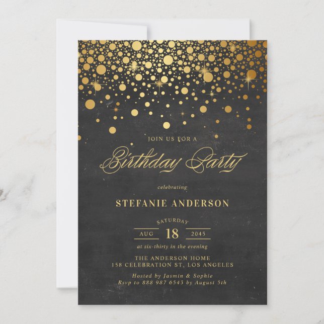 Faux guldfolkonfetti Dots Black Birthday Inbjudningar (Framsida)