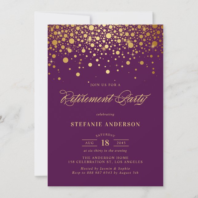 Faux guldfolkonfetti Lila Pension Party Inbjudningar (Framsida)