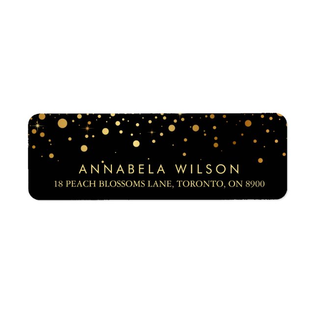Faux guldfolkonfetti-prickar, svart returadress etikett (Framsidan)