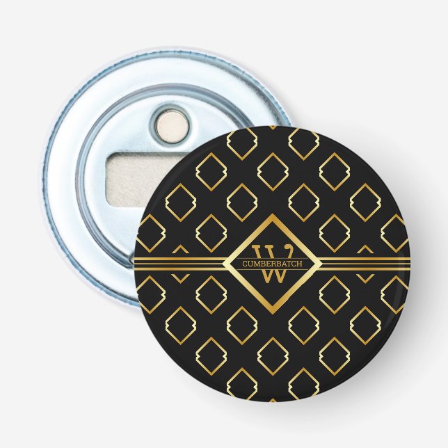 FAUX guldgeometriskt mönster med monogram på SVART Flasköppnare (Framsidan)