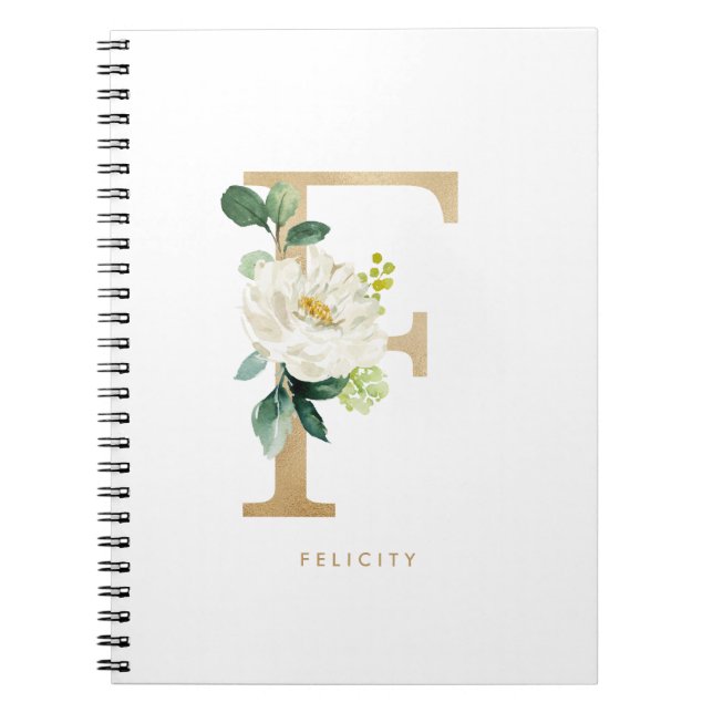 Faux gulfenad blomma Vit blomma Brev F Monogram Anteckningsbok (Framsidan)
