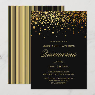 Faux gulfenad konfetti Black Quinceañera Inbjudningar