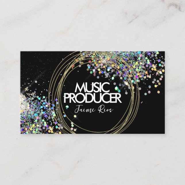 Faux HoloGrapcs Music Producer Guld Ringar Black Visitkort (Framsida)