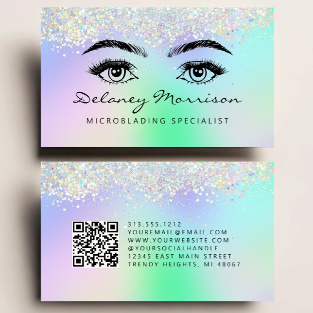 Faux Holographic Glitter Eyes QR Code Microblading Visitkort (Skapare uppladdad)