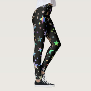 Faux HoloGraphics Rainbow Stars Mönster Chic Black Leggings