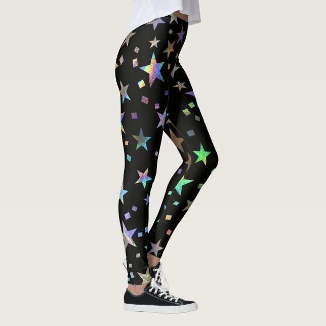 Faux HoloGraphics Rainbow Stars Mönster Chic Black Leggings (Höger)