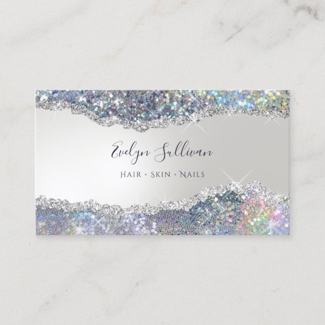 Faux iridescent silver glitter foil affärskort visitkort (Framsida)