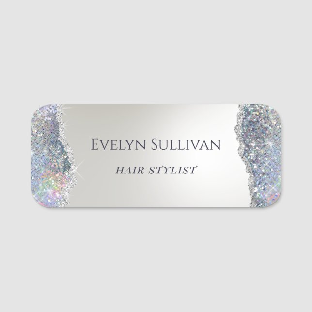 Faux iridescent silver glitter foil namn bricka namnbricka (Framsida)